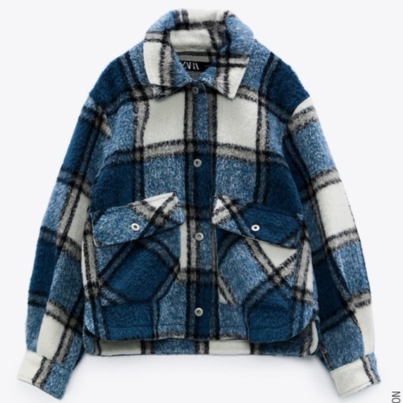Zara Blue Plaid Shacket Coat Size Small - Picture 1 of 16